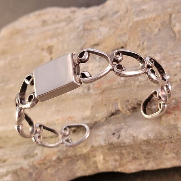 Vintage Sterling Open Scoll Work Engravable Cuff Bracelet - Picture 3 of 9